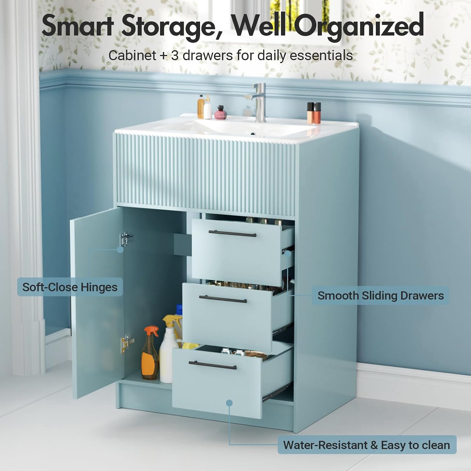 Kikihouse 24 Inch Bathroom Vanity with Sink, Freestanding Modern Bathroom Vanity Cabinet with Ceramic Basin, Single Sink Small Bathroom Vanity for Apartment (Blue, 24 inch)