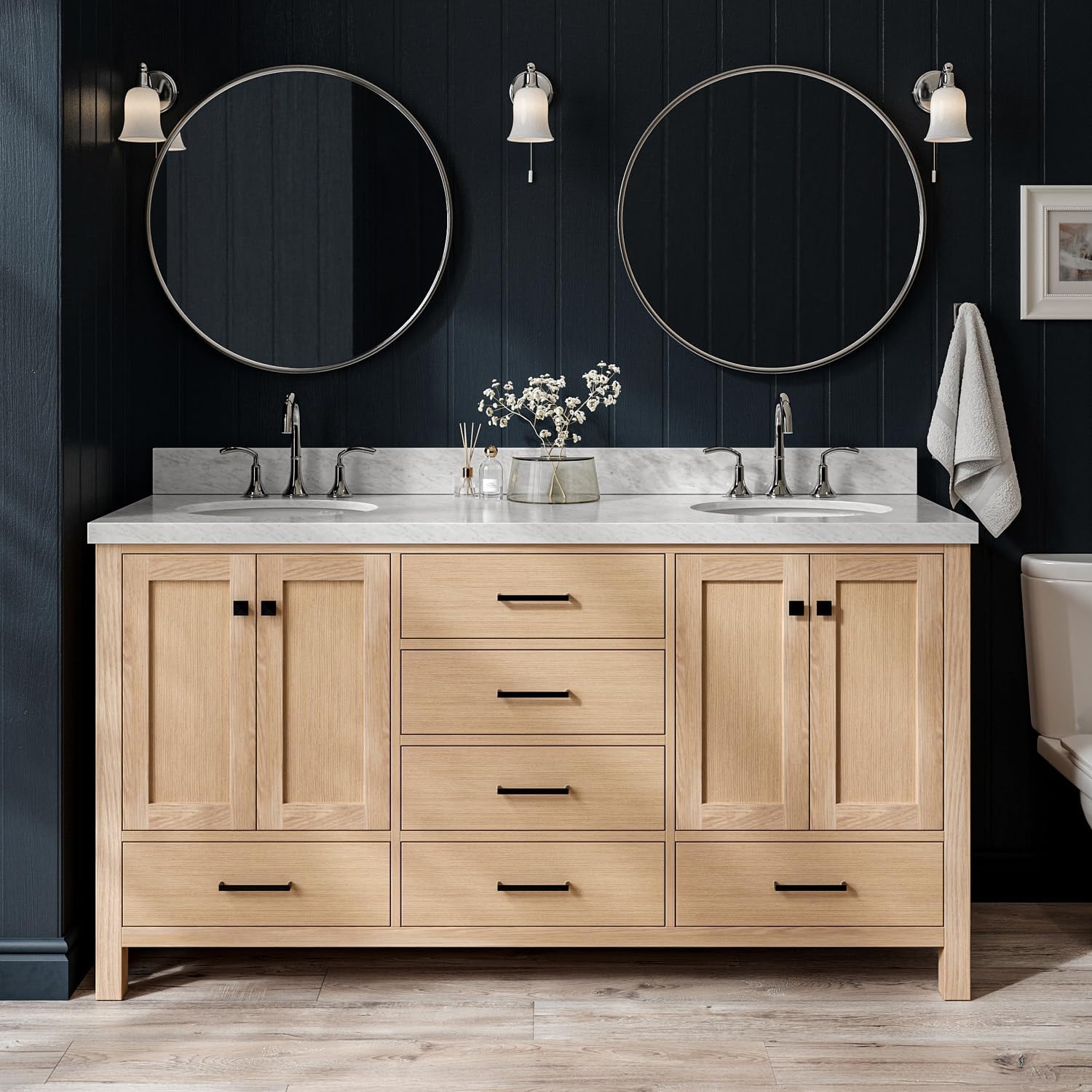 ARIEL Cambridge 66-inch Bathroom Vanity with Sink,Solid Wood, 1.5-inch Italian Carrara Marble Countertop, Double Oval Porcelain Sink, 4 Soft Closing Doors, 6 Dovetail Drawers, White Oak