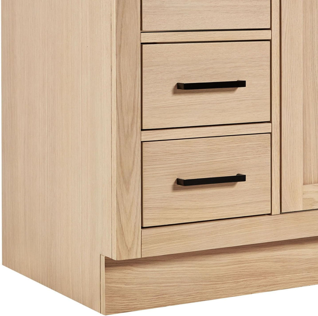 ARIEL Hepburn 36-inch Bathroom Vanity with Sink,Solid Wood, 1.5-inch Carrara White Quartz Countertop, Single Rectangular Porcelain Sink, 2 Soft Closing Doors, 5 Dovetail Drawers, White Oak