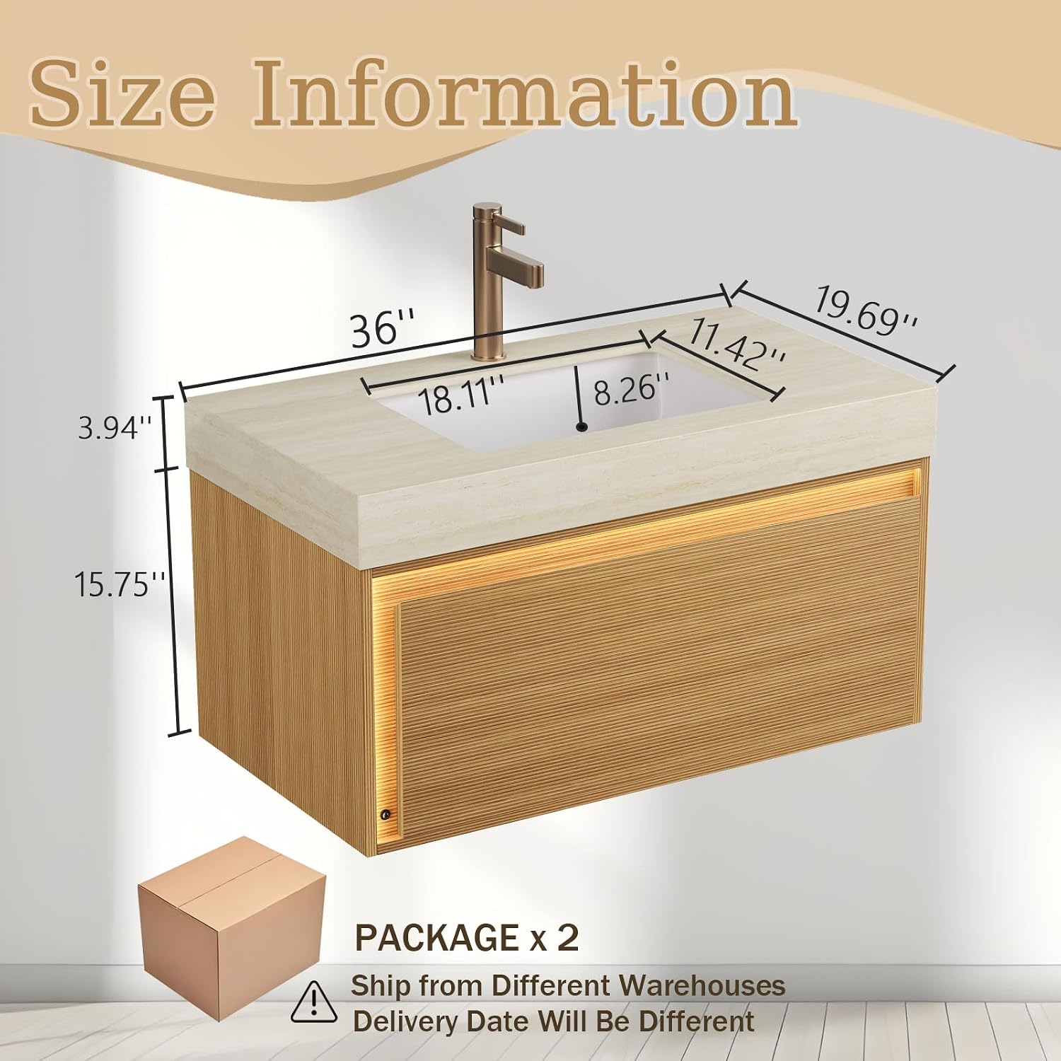 Eleshine 36' Floating Bathroom Vanity with Single Sink, Fluted Cabinet, Sensor LED Light, Roma Travertine Countertop, Light Oak, Pre-Assembled