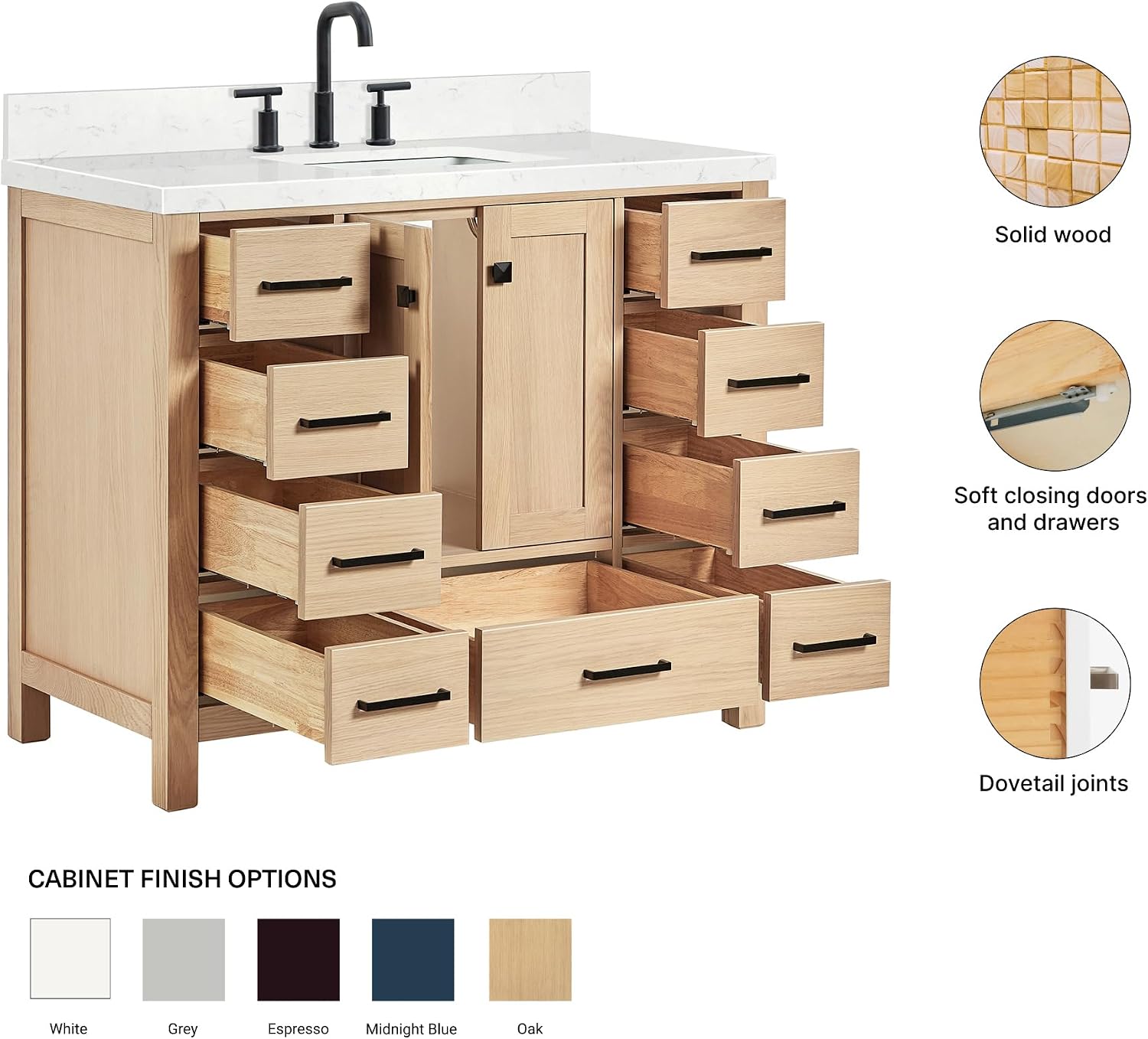ARIEL Cambridge 42-inch Bathroom Vanity with Sink,Solid Wood, 1.5-inch Carrara White Quartz Countertop, Single Rectangular Porcelain Sink, 2 Soft Closing Doors, 9 Dovetail Drawers, White Oak