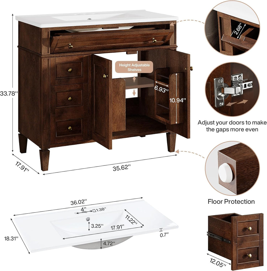 Tribesigns 36' Bathroom Vanity with Sink, Farmhouse Bathroom Sink Cabinet with 4 Drawers & 2 Doors, Bath Storage Vanity Sink with Metal Handles, Solid Wood Frame, Paint Surface Brown