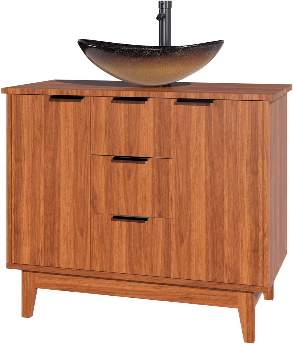 EROMMY 36 Inch Bathroom Vanity with Sink Combo, Bathroom Vanity with 3 Soft-Close Drawers, 2 Doors & Boat Glass Sink, Rustic Bathroom Cabinet Includes Adjustable Shelf, Water Tap & Sink Accessories