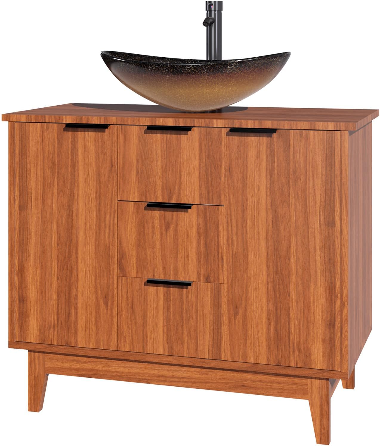 EROMMY 36 Inch Bathroom Vanity with Sink Combo, Bathroom Vanity with 3 Soft-Close Drawers, 2 Doors & Boat Glass Sink, Rustic Bathroom Cabinet Includes Adjustable Shelf, Water Tap & Sink Accessories