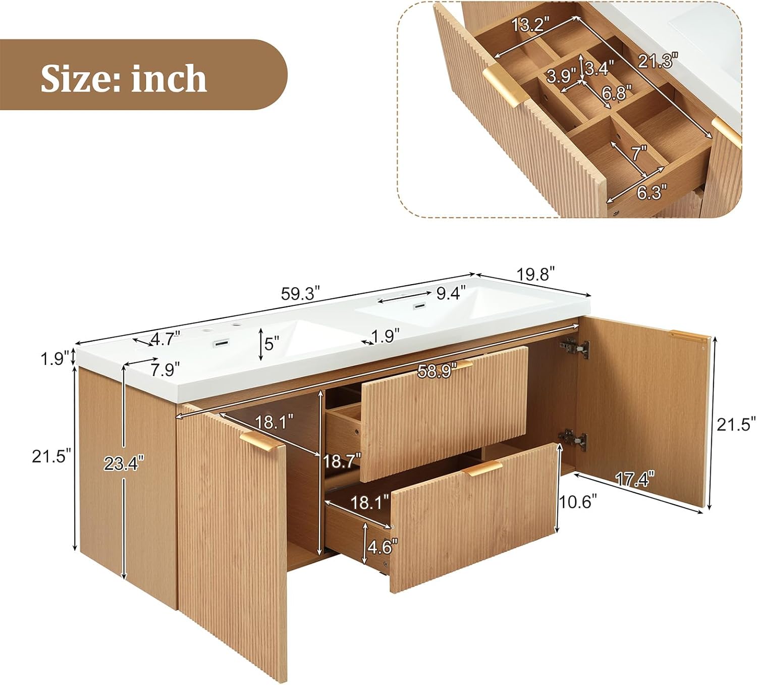 60' Bathroom Vanity with Sink Combo, Floating Double Sink Bathroom Vanity with SMC Resin Top, MDF Cabinet with 2 Soft-Close Doors 2 Drawers, Wall-Mounted Vanities for Large Bathrooms, Wood