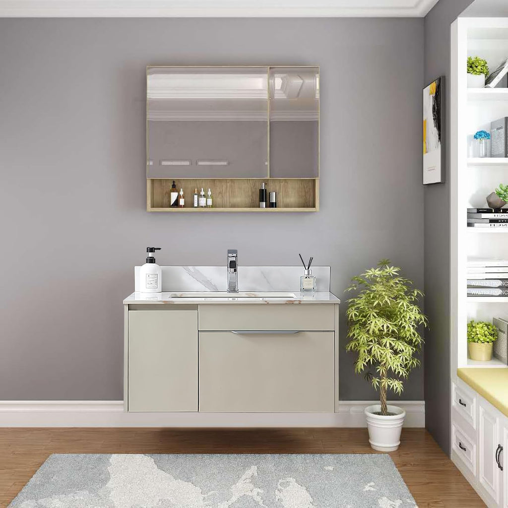 31 Inch Bathroom Vanity Top with Undermounted Large Ceramic Sink & Backsplash, Sintered Stone Artificial Marble Vanity Sink Tops with 1 hole, Carrara Gold