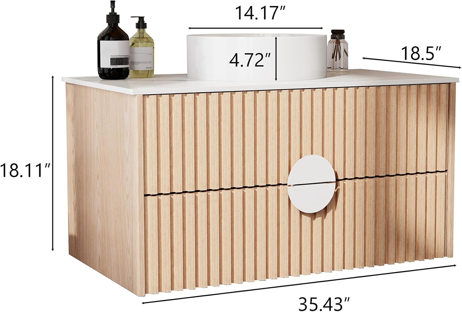 36' Floating Bathroom Vanity with Sink, Modern Wall Mounted Vanity Bathroom Storage Cabinet with Fluted Drawers, White Sintered Stone Top Ceramic Basin, Light Wood