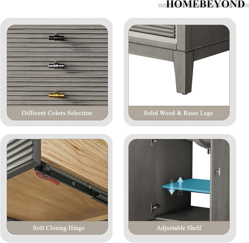 HOMEBEYOND 54' Bathroom Vanity with Double Sink & Engineered Marble Top, Solid Wood Frame, Linear Pattern & Soft Close Door | Golden Brushed Handware, Driftwood Gray