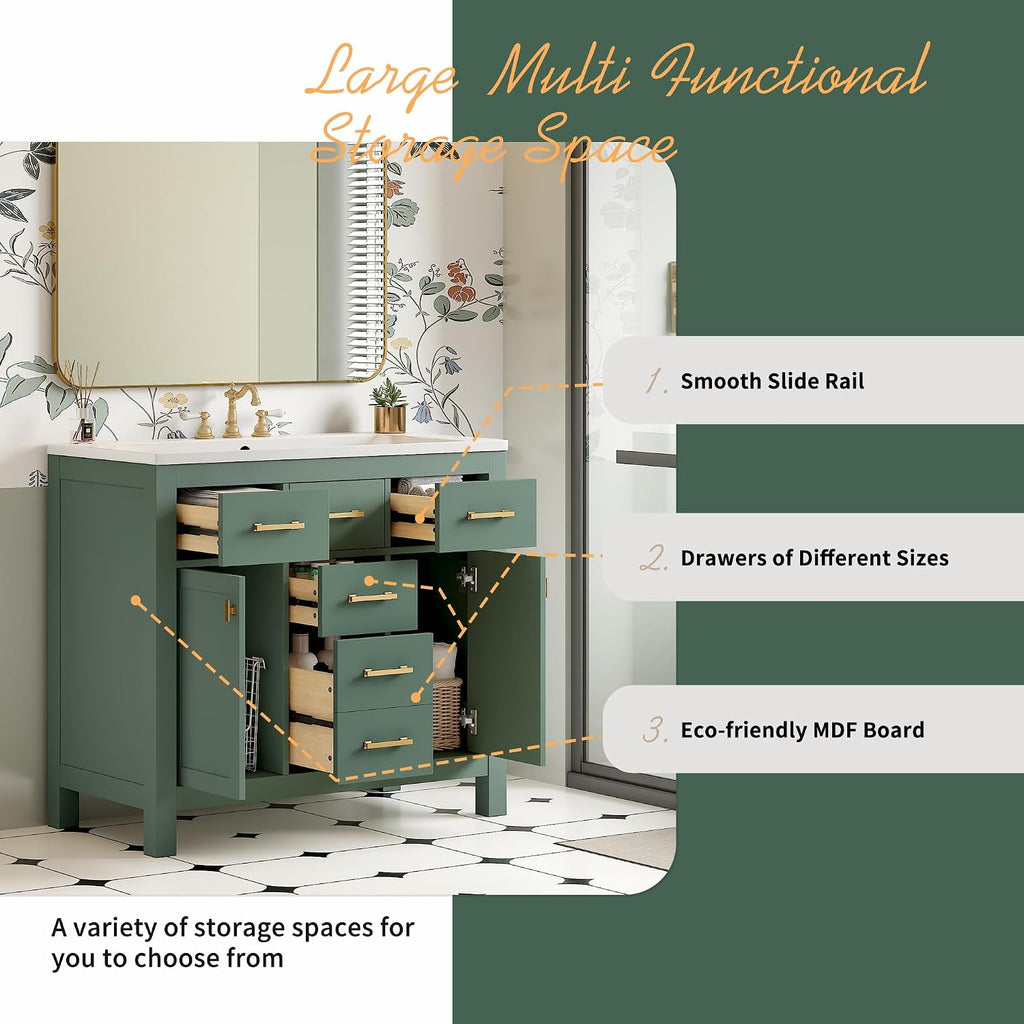 36 Inch Green Bathroon Vanity with Sink,Modern Bathroom Sink Cabinet 36' with 4 Drawers & 2 Cabinets,Integrated Countertop,Gold Handles,Soft Closing,Solid Wood Frame