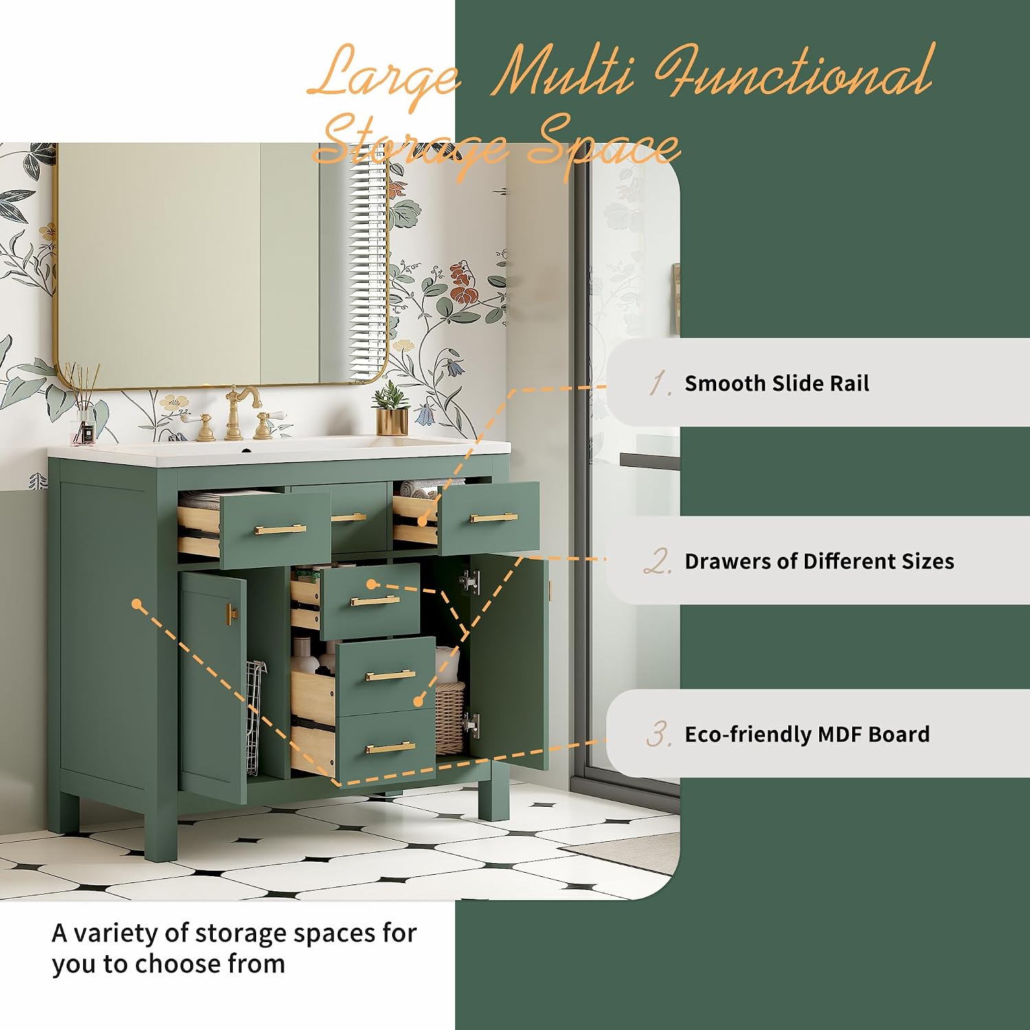 36 Inch Green Bathroon Vanity with Sink,Modern Bathroom Sink Cabinet 36' with 4 Drawers & 2 Cabinets,Integrated Countertop,Gold Handles,Soft Closing,Solid Wood Frame