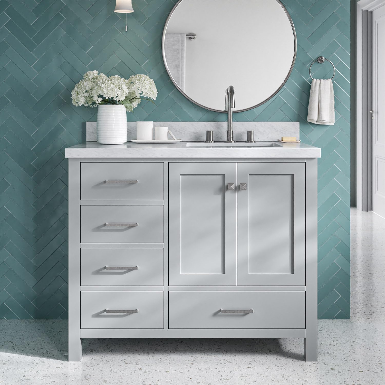 DKB Beckford 42-Inch Grey Bathroom Vanity with Right Offset Rectangular Undermount Sink, Italian Carrara White Marble Countertop, 2 Soft Closing Doors, 5 Dovetail Drawers, No Mirror