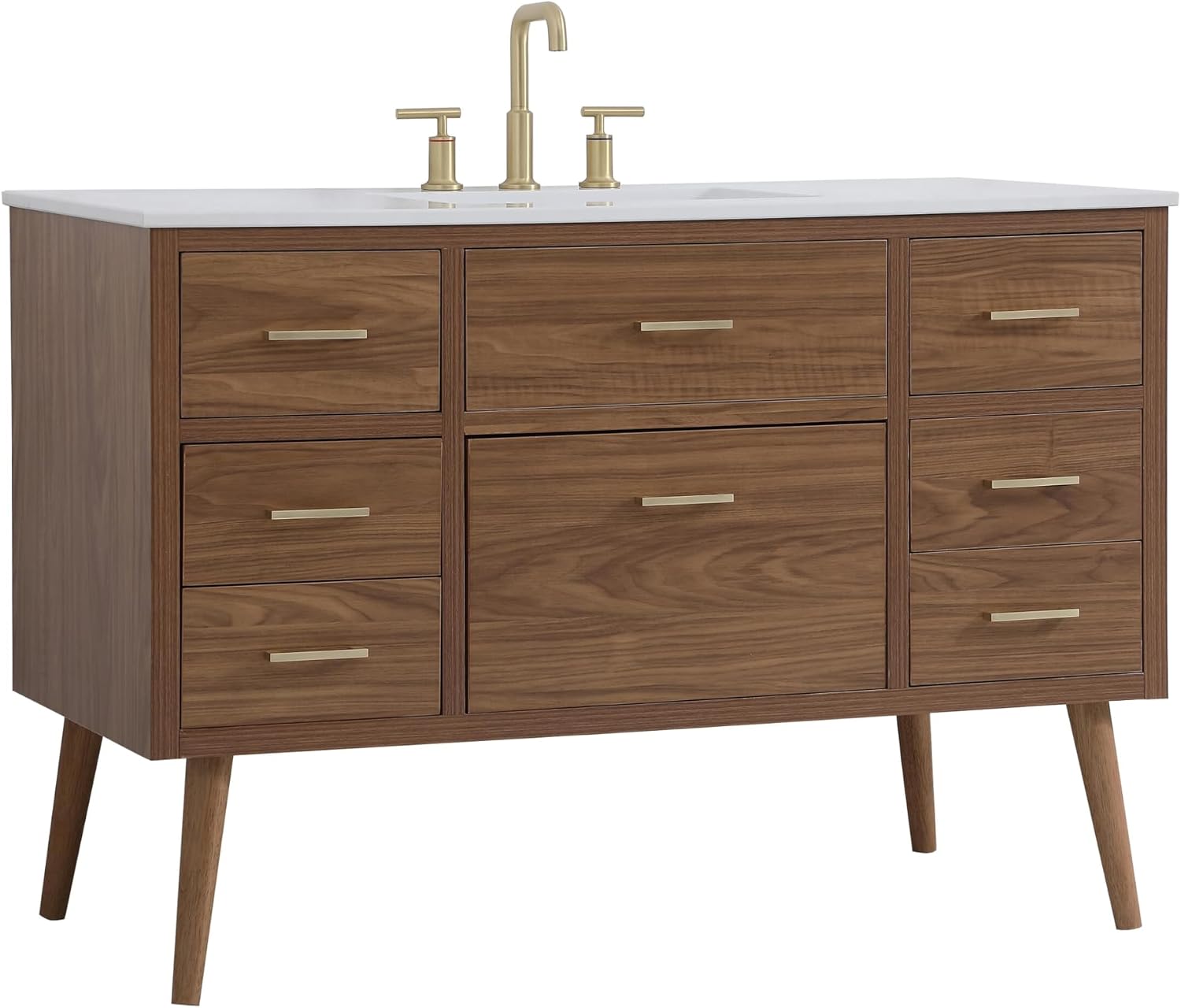 48' Pre-Assembled Bathroom Vanity with Sink, Engineered Wood, Ivory White Engineered Marble Countertop Attached, Single Rectangle Porcelain Sink, 7 Soft-Close Drawers, Walnut Brown