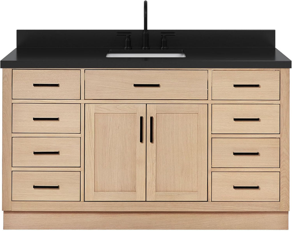 ARIEL Hepburn 60-inch Bathroom Vanity with Sink,Solid Wood, 1.5-inch Carbon Black Quartz Countertop, Single Rectangular Porcelain Sink, Soft Closing Doors, Dovetail Drawers, Oak