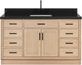 ARIEL Hepburn 60-inch Bathroom Vanity with Sink,Solid Wood, 1.5-inch Carbon Black Quartz Countertop, Single Rectangular Porcelain Sink, Soft Closing Doors, Dovetail Drawers, Oak