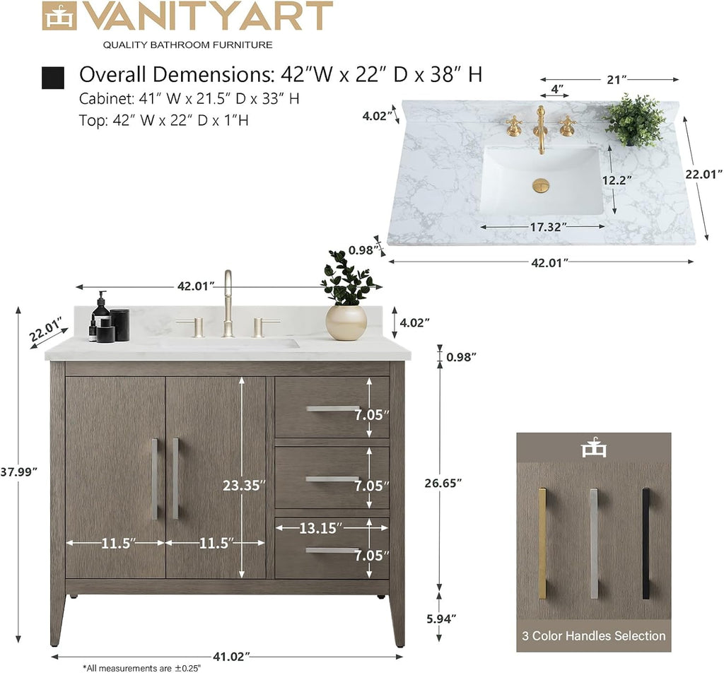 Vanity Art 42 inch Bathroom Vanity with Single Sink & Ceramic Top, Vanity Cabinet with Soft-Closing Doors, Drawers, Solid Wood Frame, Driftwood Gray, Brushed Nickle Handware