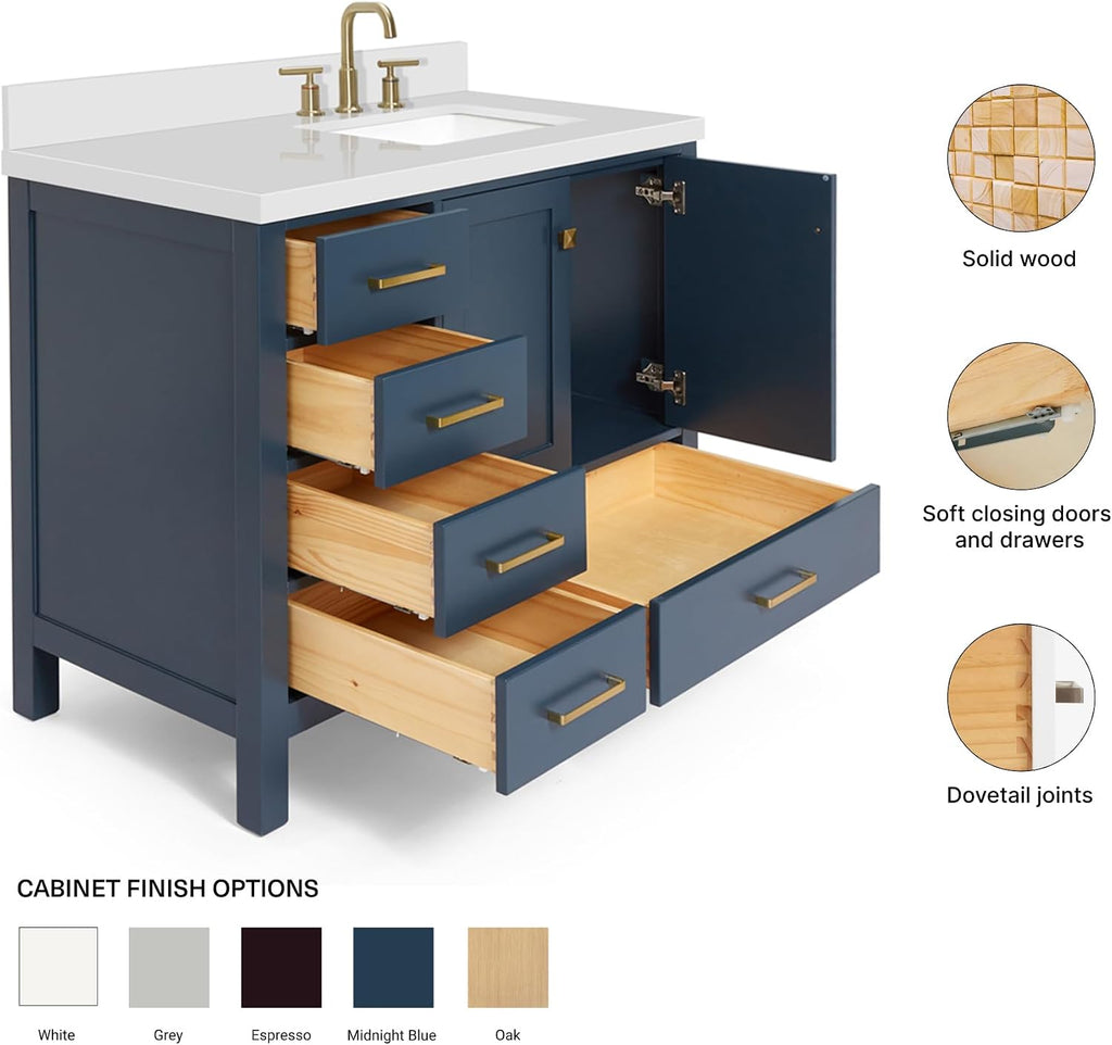 ARIEL Cambridge 42-inch Bathroom Vanity with Sink,Solid Wood, 1.5-inch Pure White Quartz Countertop, Single Rectangular Porcelain Sink, 2 Soft Closing Doors, 5 Dovetail Drawers, Midnight Blue