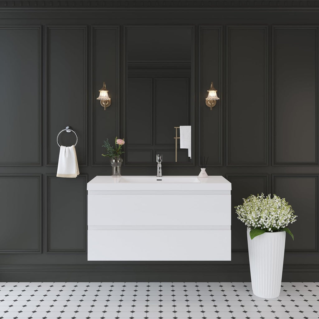 42' Floating Bathroom Vanity with Sink, Wall Mounted Bathroom Cabinet with Solid Surface Top and Soft Close Drawers, Glossy White (No Assembly Required)