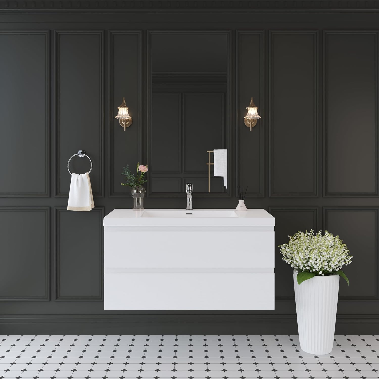 42' Floating Bathroom Vanity with Sink, Wall Mounted Bathroom Cabinet with Solid Surface Top and Soft Close Drawers, Glossy White (No Assembly Required)