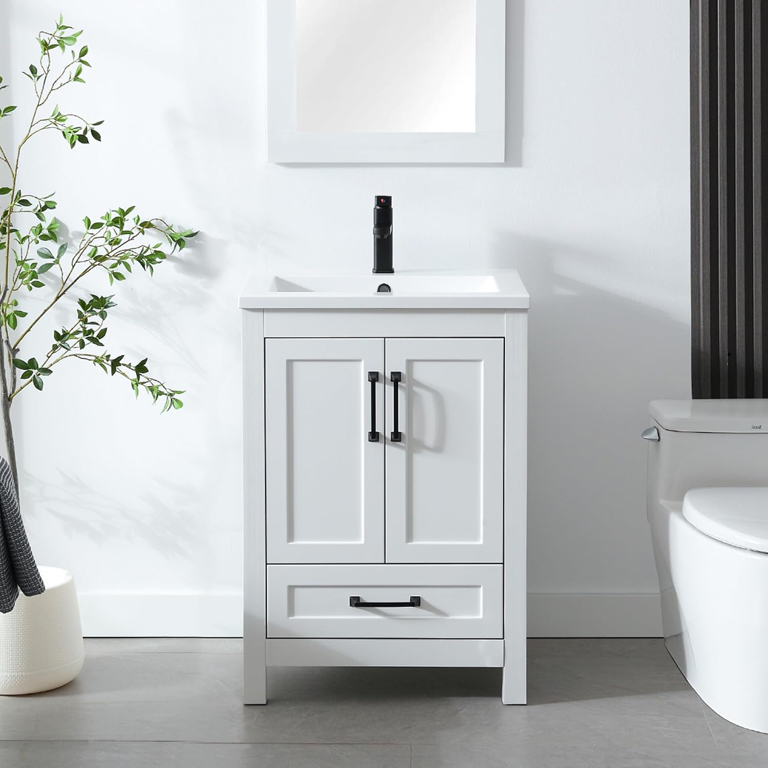 LUCKWIND 24' Bathroom Vanity and Sink Combos, Modern Bathroom Storage Painted Cabinet with Undercounter Ceramic Single Sink Top, Matte Black Faucet and Drawer, Mirror Not Included, White