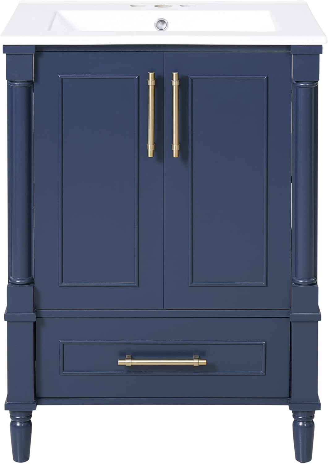 VilroCaz 24' Modern Bathroom Vanity with Ceramic Sink, Ornate Motif Design Doors & Soft-Close Hinges, Wood Bathroom Cabinet with Drawer, Ornately Carved French Cylinder Legs (Dark Blue-4.23)