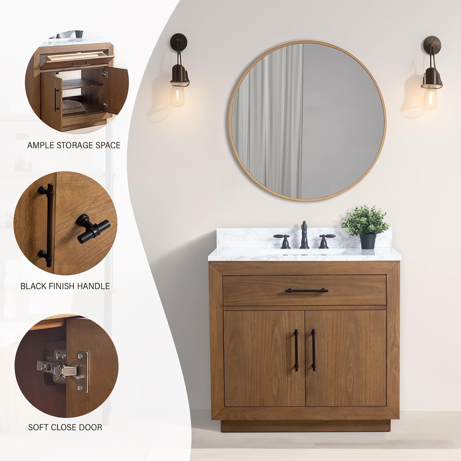 HOMEBEYOND 36' Bathroom Vanity with Single Sink & Ceramic Top, MDF Material Vanity Cabinet with Basin Combo, Soft-Closing Doors, Removable Shelf, Backsplash, Tan