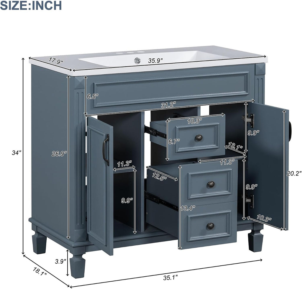 Merax 36' Bathroom Vanities with Matching Medicine Cabinet & Single Sink, Modern Undermount Bathroom Sink Cabinet with 3 Closing Doors & 2 Full Extension Dovetail Drawers