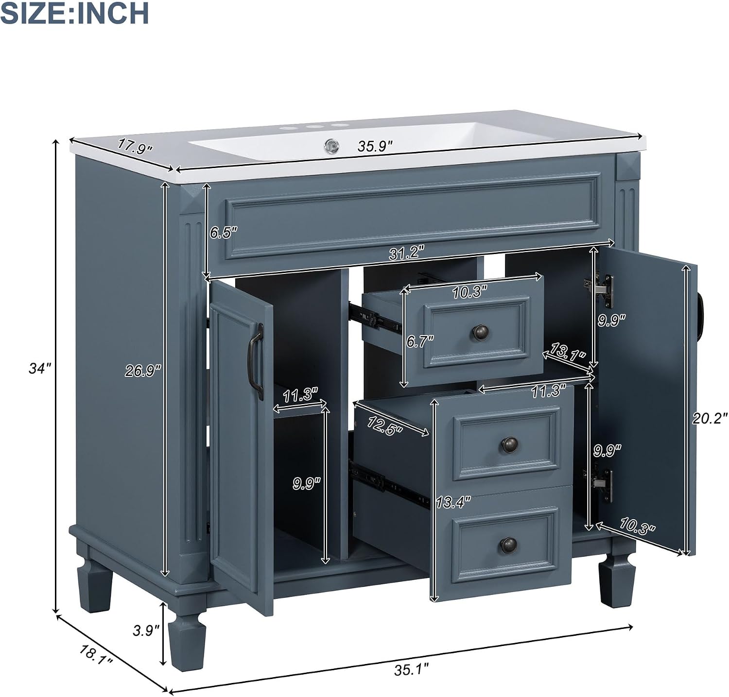 Merax 36' Bathroom Vanities with Matching Medicine Cabinet & Single Sink, Modern Undermount Bathroom Sink Cabinet with 3 Closing Doors & 2 Full Extension Dovetail Drawers