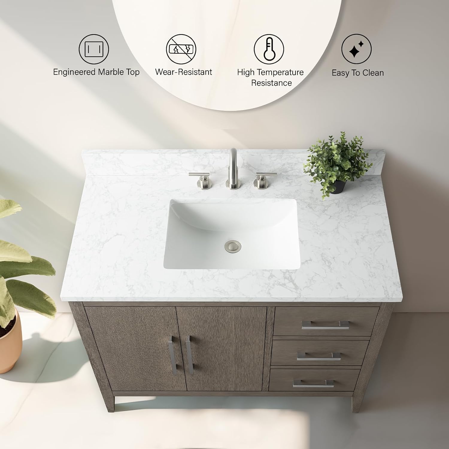 Vanity Art 42 inch Bathroom Vanity with Single Sink & Ceramic Top, Vanity Cabinet with Soft-Closing Doors, Drawers, Solid Wood Frame, Driftwood Gray, Brushed Nickle Handware