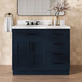 DKB Isabella 42-Inch Midnight Blue Bathroom Vanity with Sink, 1.5' Carrara Quartz Countertop, Solid Wood Frame, Left Oval Undermount Sink, 2 Soft Closing Doors, 5 Dovetail Drawers, Toe Kick