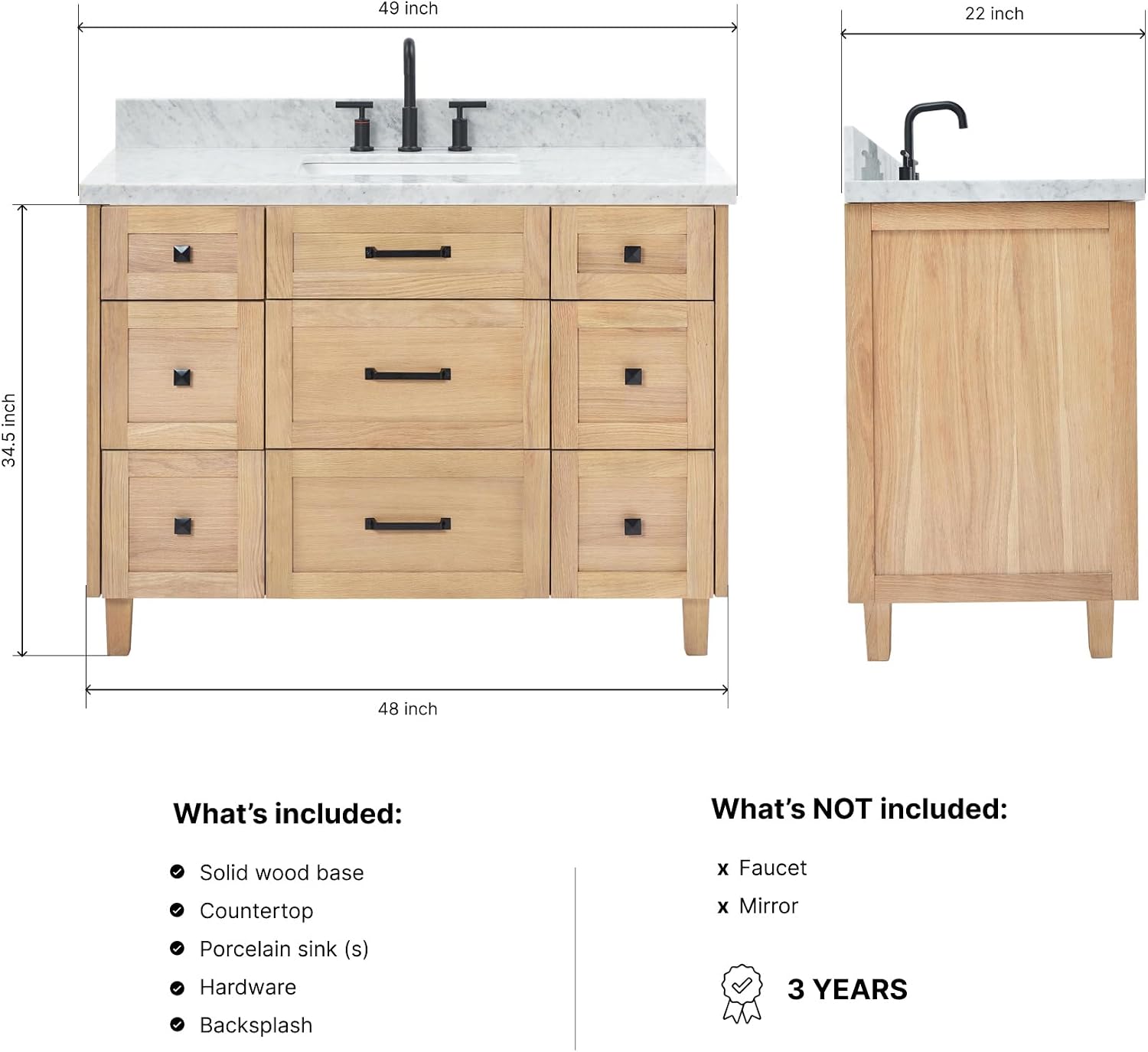 ARIEL Monroe 48-inch Bathroom Vanity with Sink,Solid Wood, 1.5-inch Italian Carrara Marble Countertop, Single Rectangular Porcelain Sink, Dovetail Drawers, White Oak