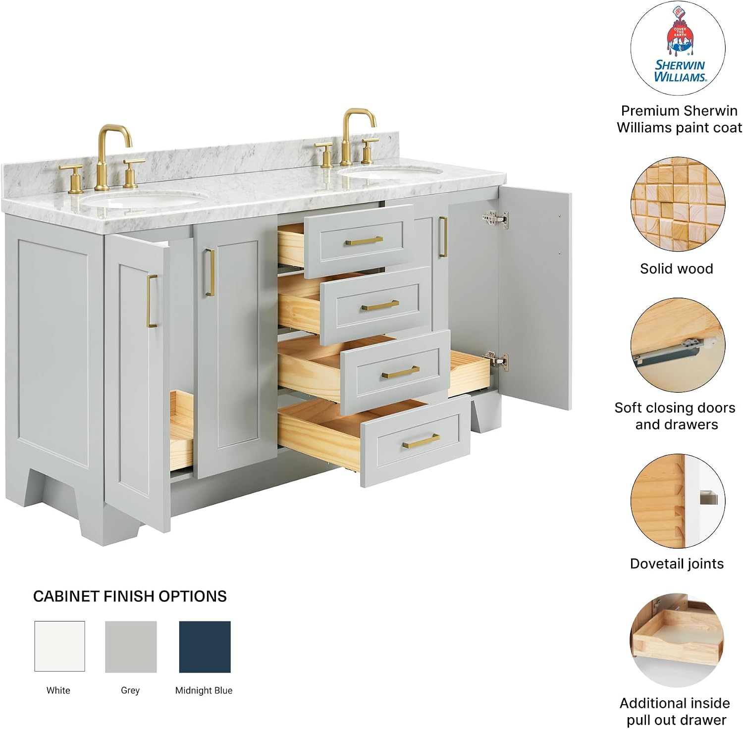 DKB Emilia 66' Grey Double Bathroom Vanity with Sink, 1.5' Edge Italian Carrara Marble Countertop, Oval Undermount Sinks, 4 Soft Closing Doors, 6 Full Extension Dovetail Drawers, Satin Brass