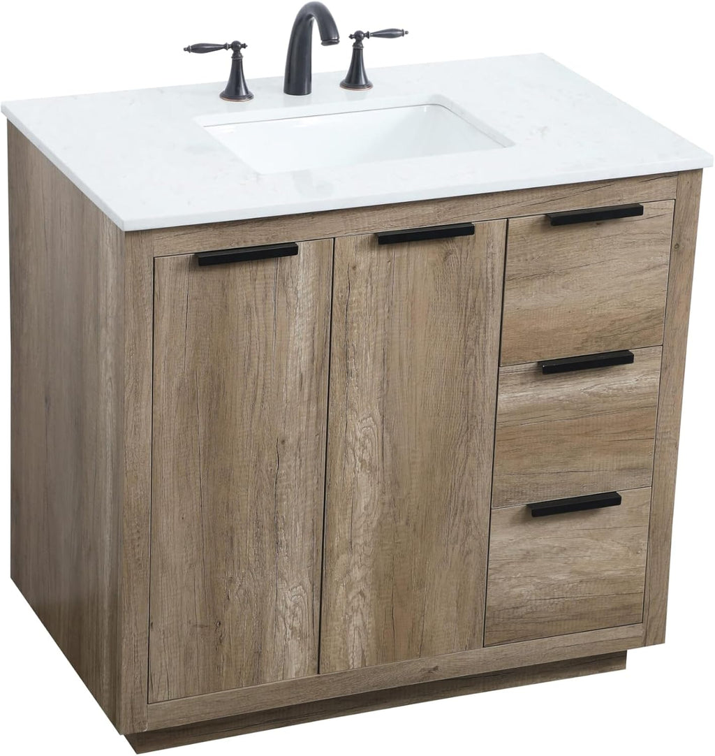 36 Single Bathroom Vanity, with Engineered Marble Top Soft-Close, Natural Oak