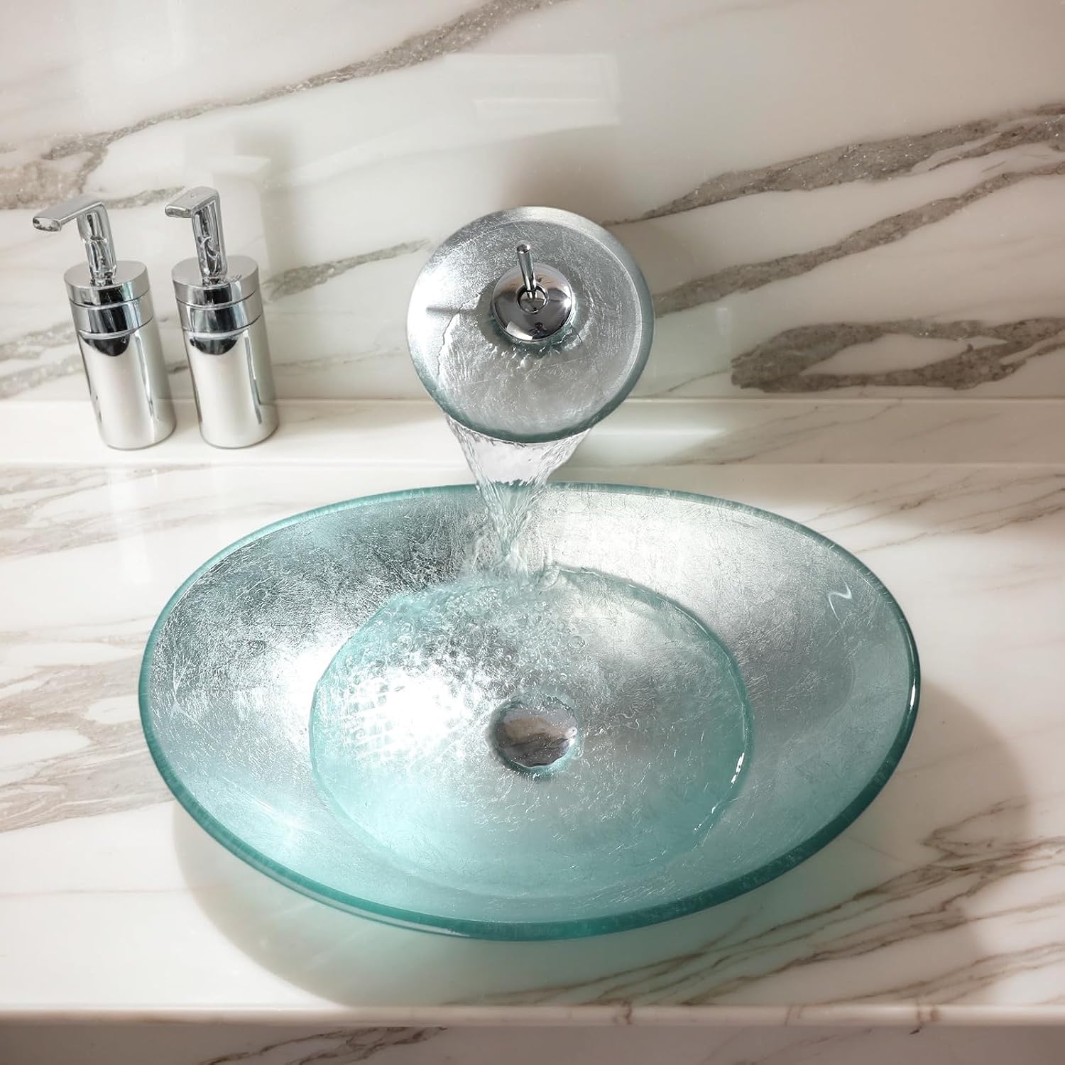 Oval Glass Vessel Sink with Faucet and Pop-Up Drain 22x14 Inch Silver Tempered Glass Bathroom Washbasin Boat Shape Design Top Mount Bowl Sinks For Modern Bathrooms Vanities