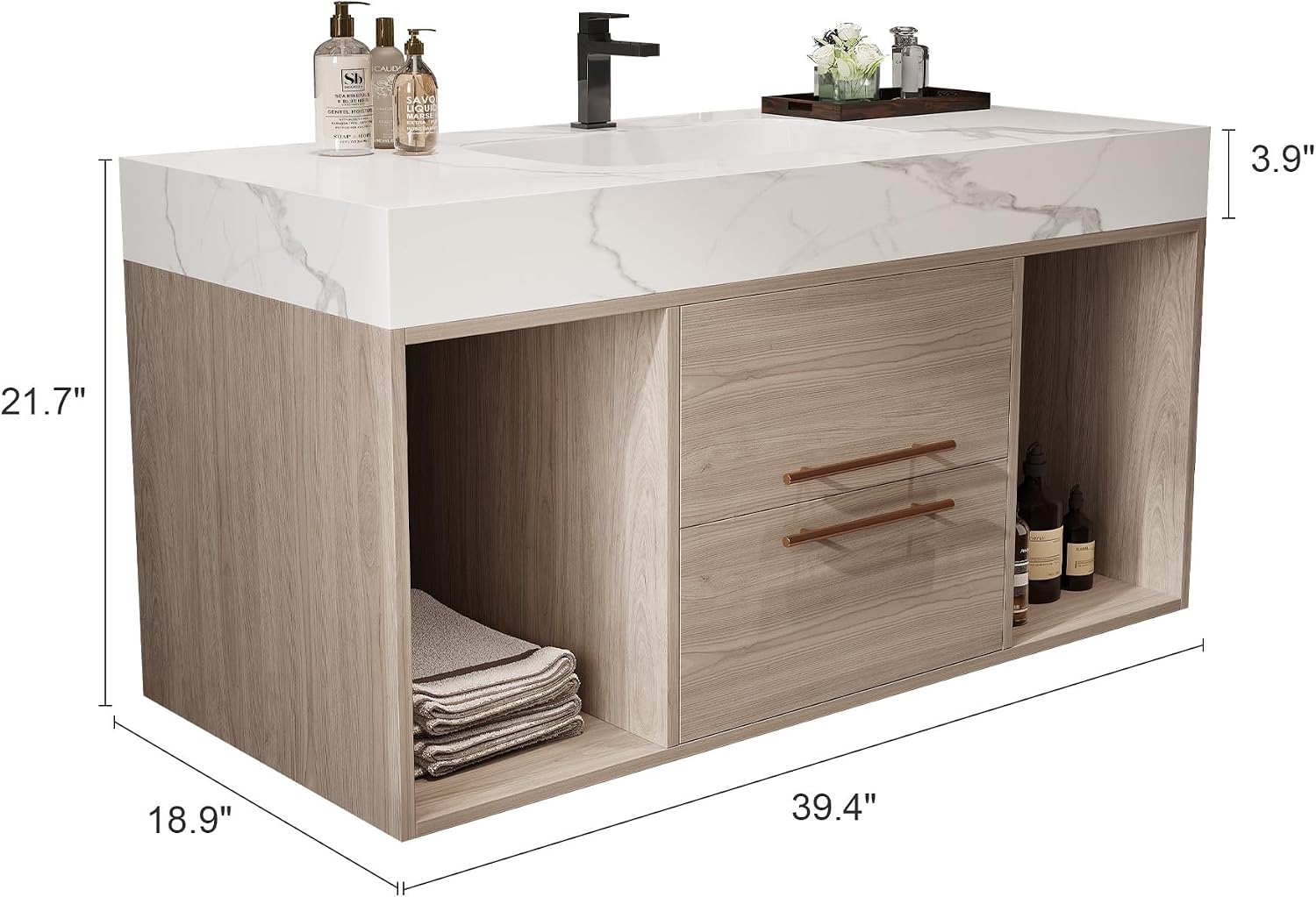 40' Bathroom Vanity with Sink Set, Modern Oak Wall Mounted Bathroom Vanity Cabinet with Sintered Stone Top&Gold Handle 2 Drawers&2 Open Storage, Single Sink Floating Bathroom Vanity