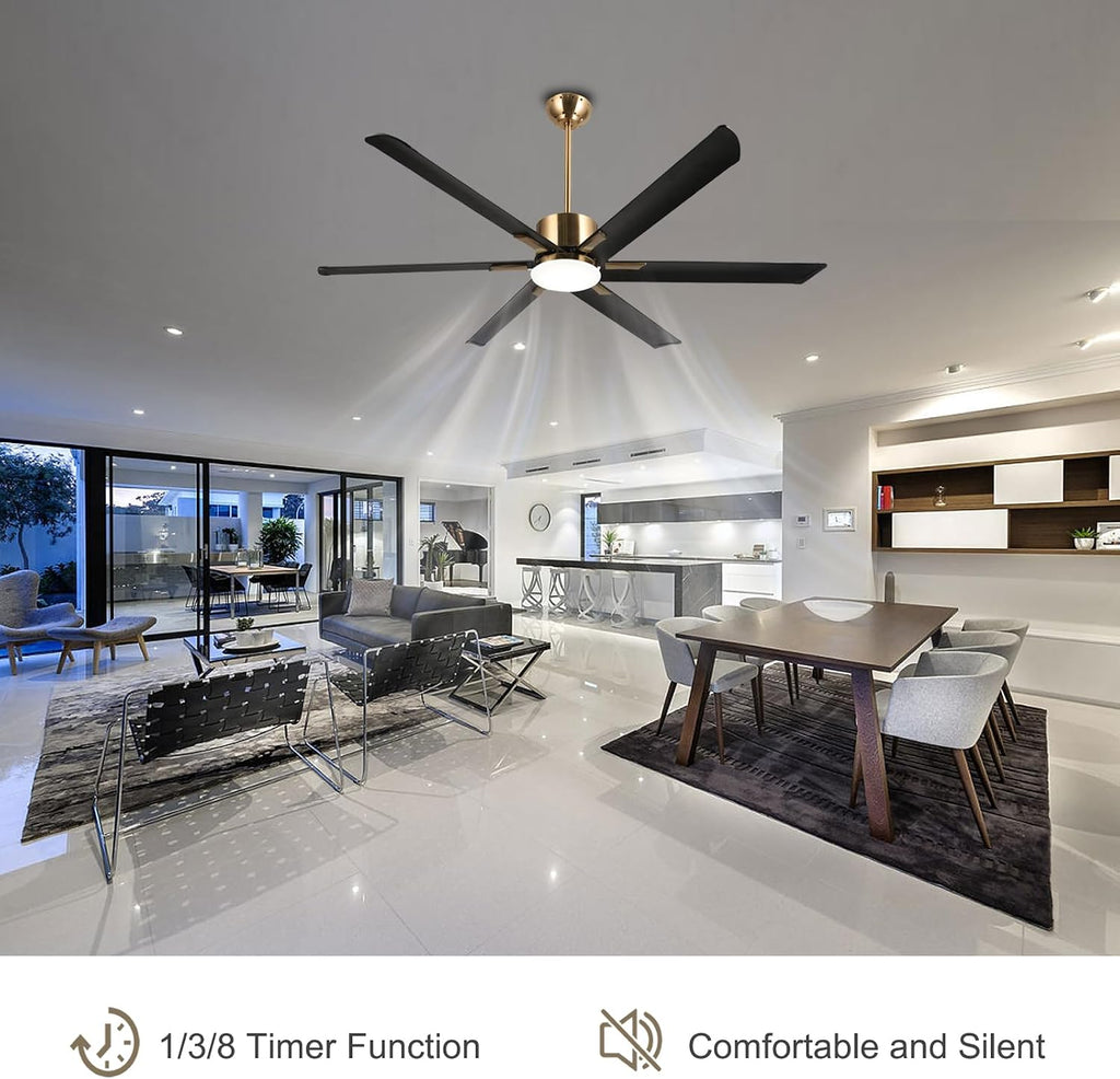 reiga 72' Indoor Outdoor Black Gold 6 Aluminum Metal Blades Extra Large Modern DC Ceiling Fan with Dimming LED Light Kit, 6 Speeds, Timer, Reversible Airflow Motor for Garage, Patio, Living Room