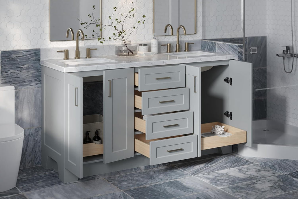 ARIEL Taylor 66-inch Bathroom Vanity with Sink,Solid Wood, 1.5-inch Italian Carrara Marble Countertop & Backsplash, Double Rectangular Porcelain Sink, 4 Soft Closing Doors, 5 Dovetail Drawers, Grey