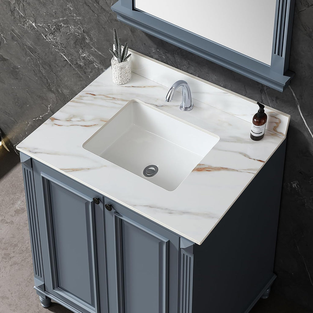 Runboll 31 Inch Marble Vanity Top with Undermount Rectangular Sink, 4' Backsplash, Pre-Drilled Faucet Single Hole, Vanity Top with Sink for Bathroom, Bathroom Remodels (Cabinet NOT Included)