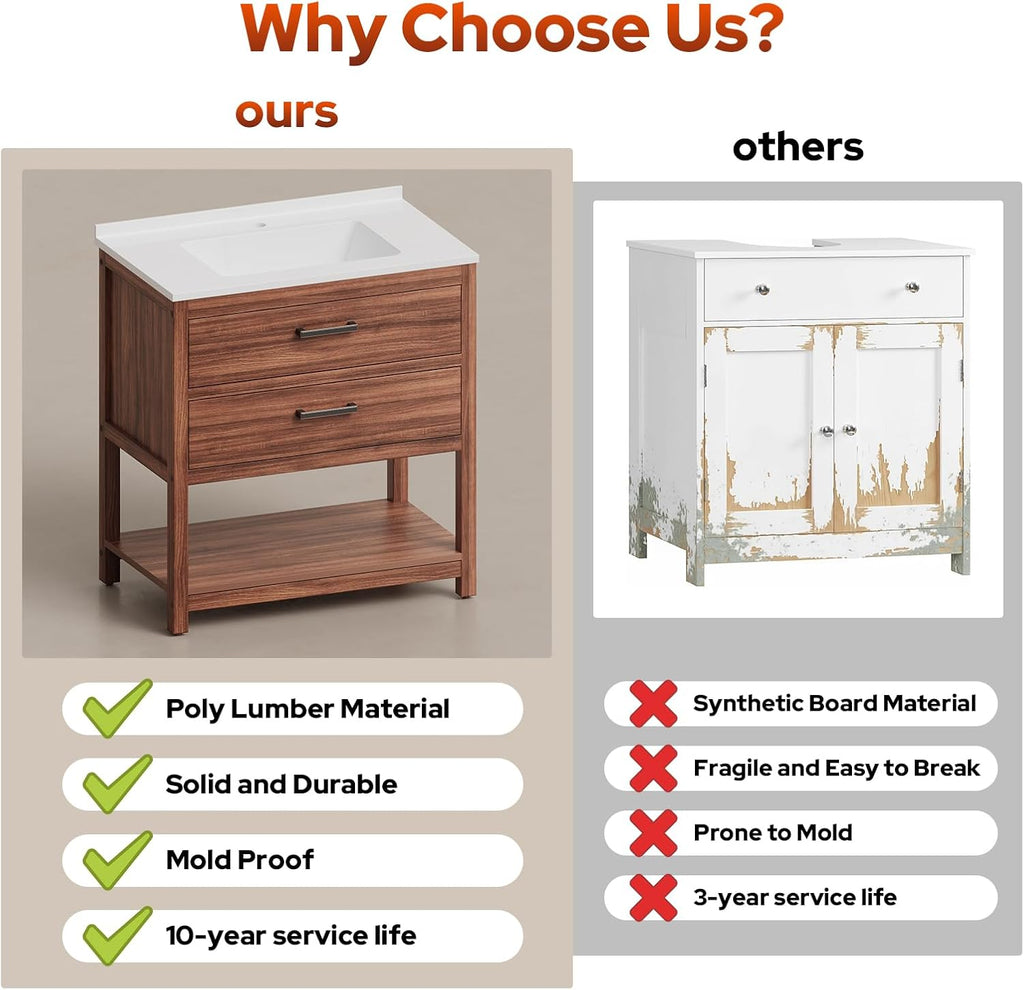 30 Inch Poly Lumber Bathroom Vanity with Sink Combo, Waterproof Freestanding Cabinet, SMC Resin Countertop with 2 Drawers & Open Storage Shelf, Adjustable Feet, Zinc-Alloy Handles, Rustic Brown