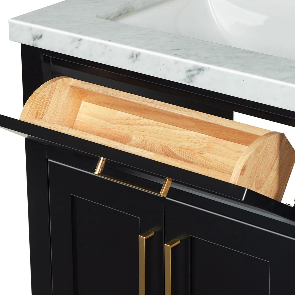 DKB Isabella 72 Inch Bathroom Vanity Double Sink — Black Bathroom Vanity with Sink, 1.5' Edge Italian Carrara Marble Countertop & Backsplash, 4 Soft-Close Doors, 4 Dovetail Drawers, and 2 Tilt Drawers
