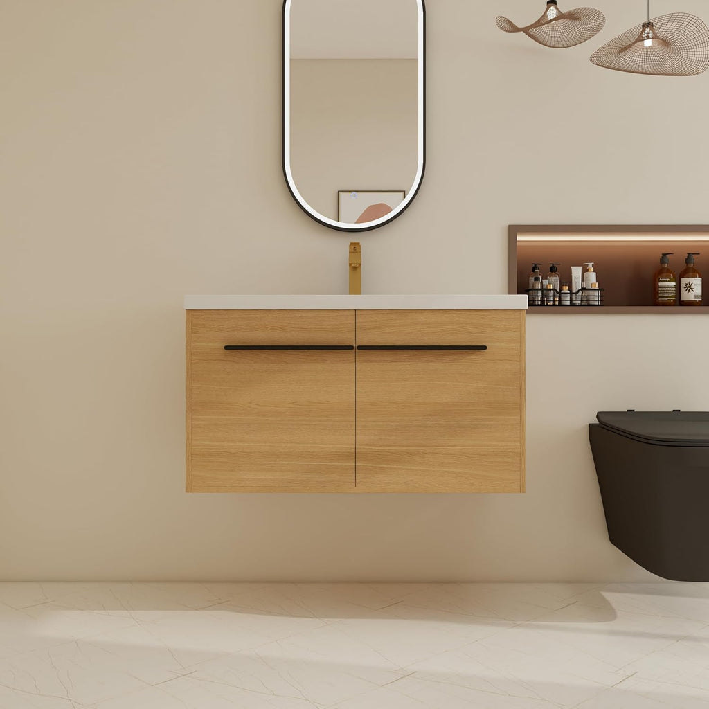 36 Inch Floating Bathroom Vanity with Sink, 36'' Wall Mount Vanity with Resin Countertop, Soft Close Doors, Double Door Storage Cabinet for Small Bathroom, Apartment, Powder Room