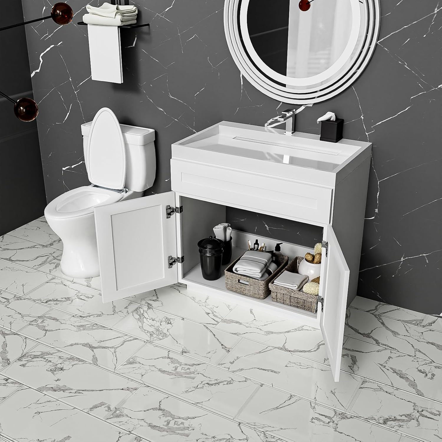 KitchenMan 36 Inch Bathroom Vanity Unassembled Bathroom Sink Cabinet and Vanity for Bathroom, White (Handles and Sink Basin Not Included)