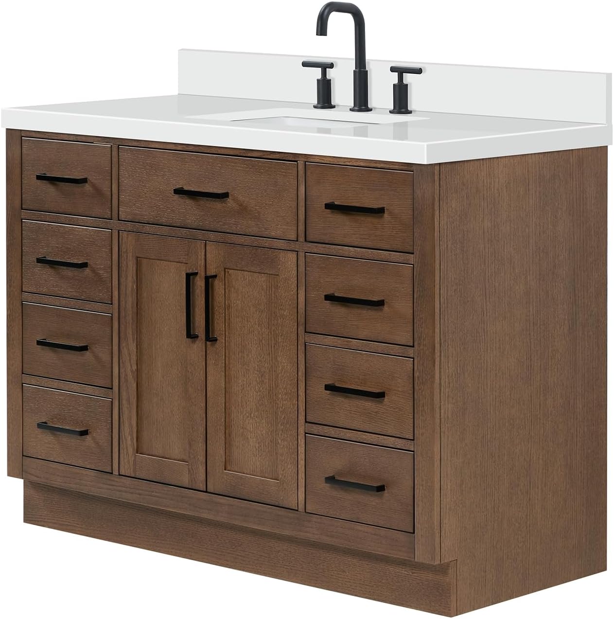 ARIEL Hepburn 48-inch Bathroom Vanity with Sink,Solid Wood, 1.5-inch Pure White Quartz Countertop, Single Rectangular Porcelain Sink, 2 Soft Closing Doors, 9 Dovetail Drawers, Brown Oak