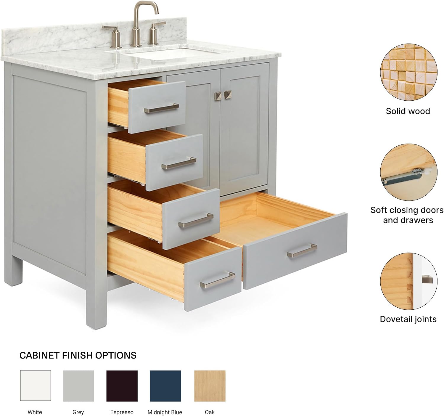 ARIEL Cambridge 36-inch Bathroom Vanity with Sink,Solid Wood, 0.75-inch Italian Carrara Marble Countertop, Single Rectangular Porcelain Sink, 2 Soft Closing Doors, 5 Dovetail Drawers, Grey