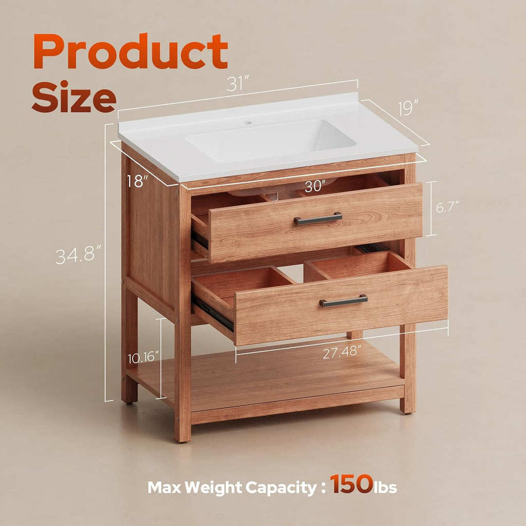 30 Inch Poly Lumber Bathroom Vanity with Sink Combo, Waterproof Freestanding Cabinet, SMC Resin Countertop with 2 Drawers & Open Storage Shelf, Adjustable Feet, Zinc-Alloy Handles, Teak Color