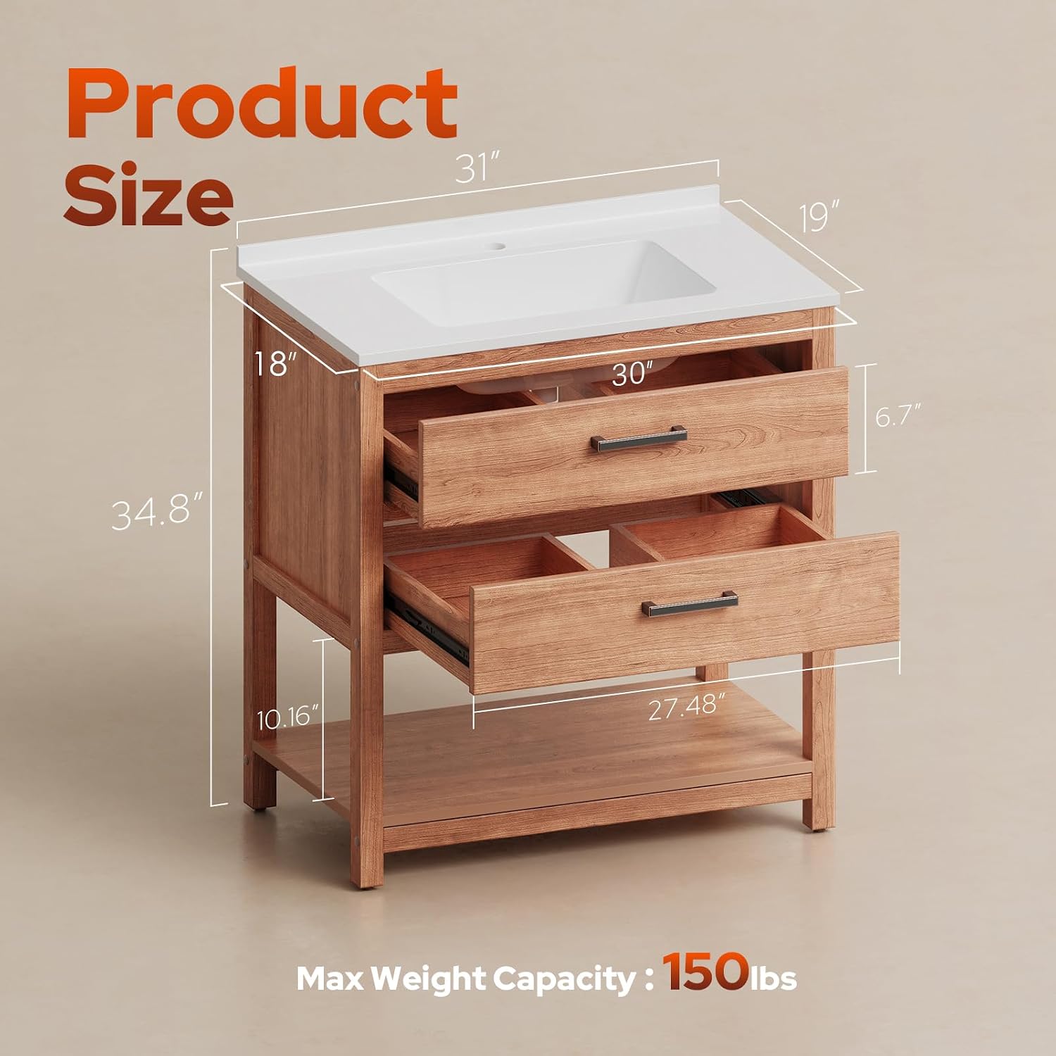 30 Inch Poly Lumber Bathroom Vanity with Sink Combo, Waterproof Freestanding Cabinet, SMC Resin Countertop with 2 Drawers & Open Storage Shelf, Adjustable Feet, Zinc-Alloy Handles, Teak Color