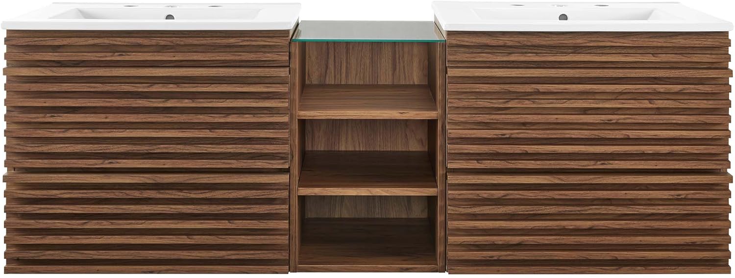 Modway Render 62 Inch Mid-Century Modern Floating Bathroom Vanity with Double Sink in Walnut White – Wall-Mount Vanity with Storage Cabinet and Dual Ceramic Sinks