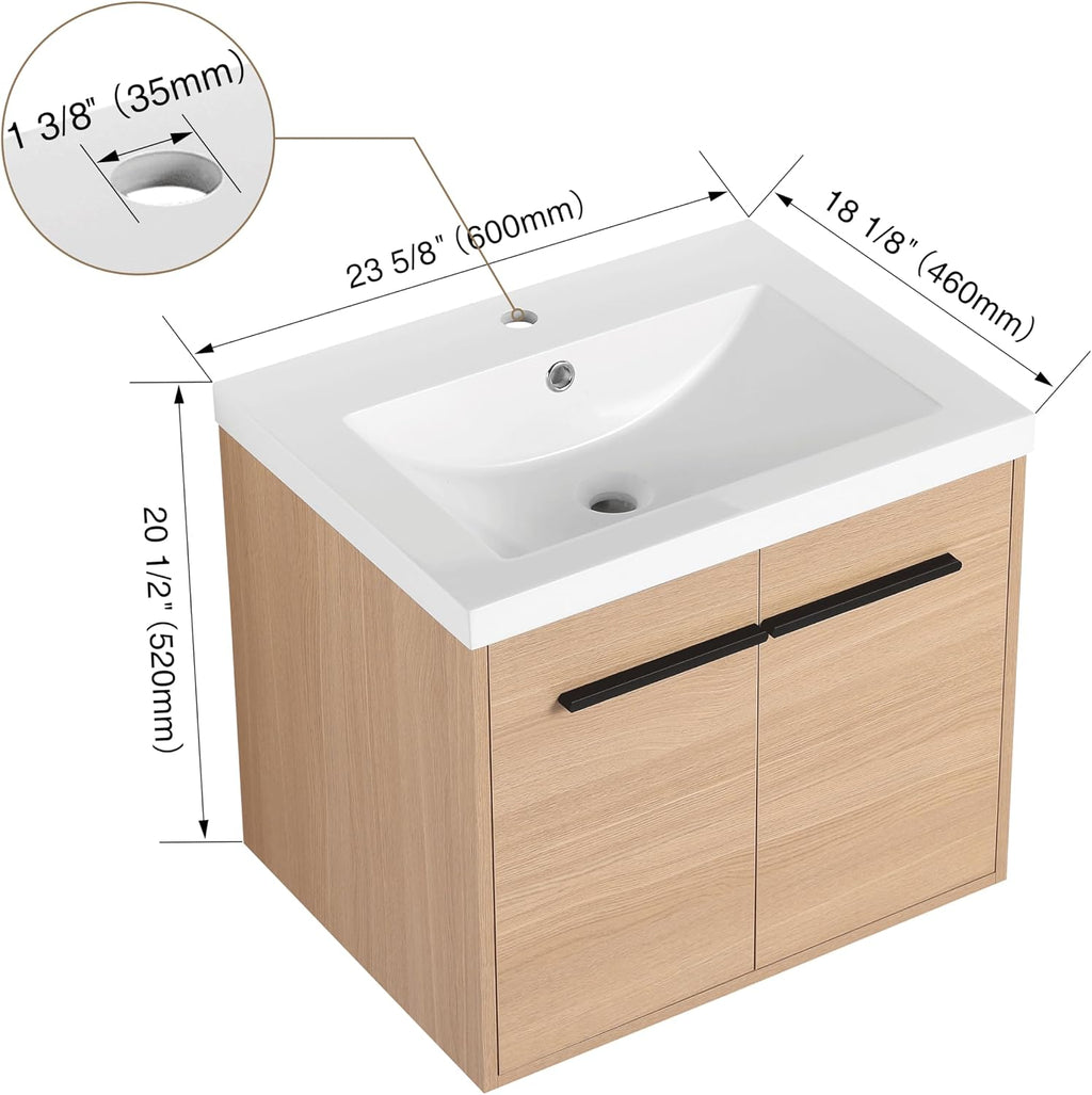 Floating Vanity Bathroom, 24 Inch Bathroom Vanity with Sink, Wall Mounted Single Sink Bathroom Vanity, Soft Closed Doors, Integrated Sink, Engineered Wood (Oak)