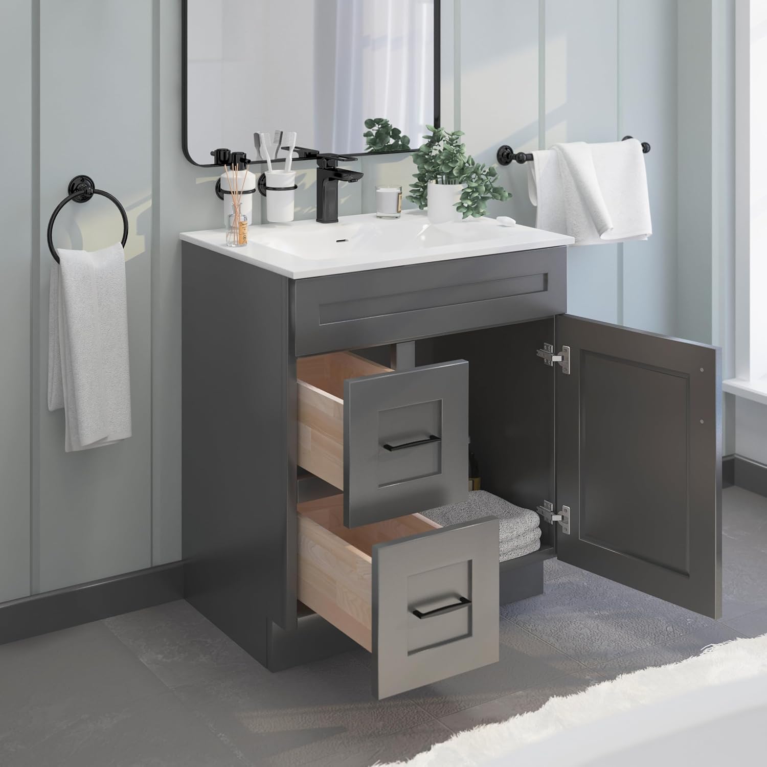 30' Shaker Bathroom Vanity Sink Base with Drawers (Ready-to-Assemble) (Grey Shaker Vanity Base)