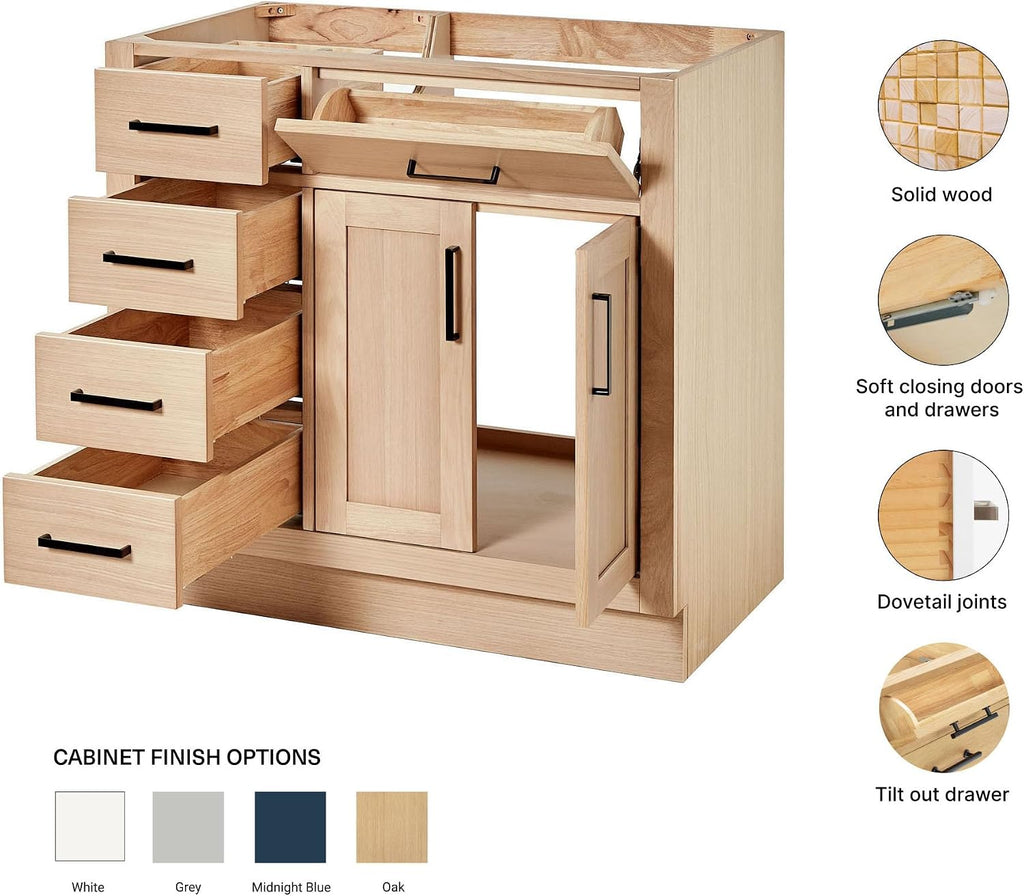 ARIEL Hepburn 36-inch Bathroom Vanity Base Cabinet,Solid Wood, 2 Soft Closing Doors, 5 Dovetail Drawers, White Oak
