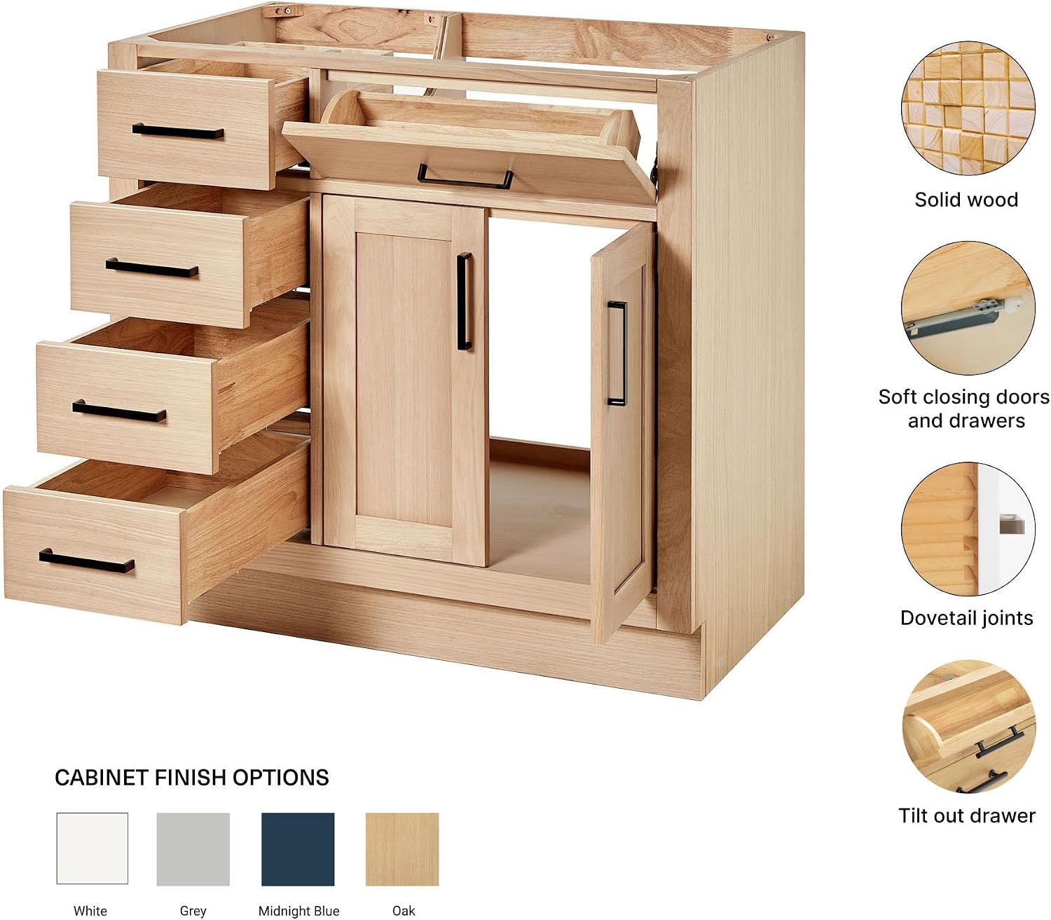 ARIEL Hepburn 36-inch Bathroom Vanity Base Cabinet,Solid Wood, 2 Soft Closing Doors, 5 Dovetail Drawers, White Oak